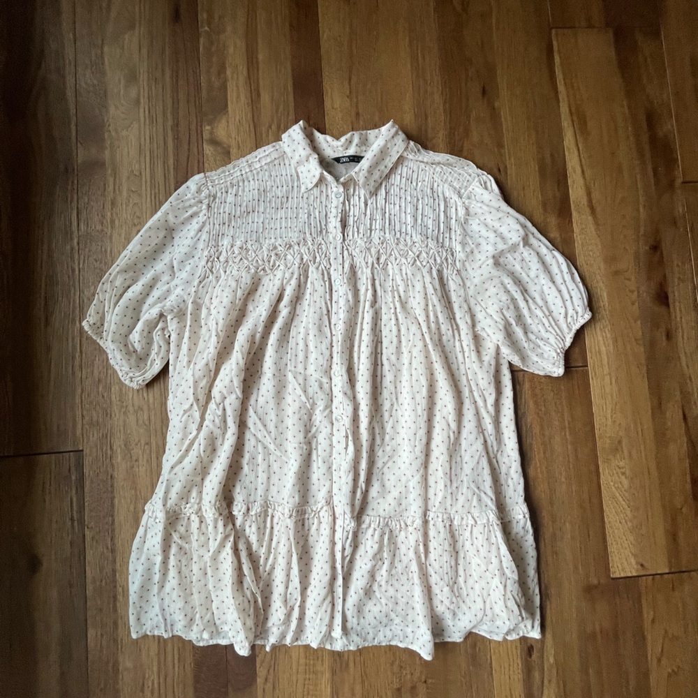 Zara Oversized Cream Print Dress Top Women’s Sz L Cottagecore Fisherman Boho